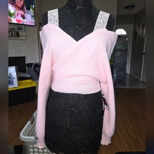 ROMWE Light Pink Off-Shoulder Lace Strap Knit Sweater